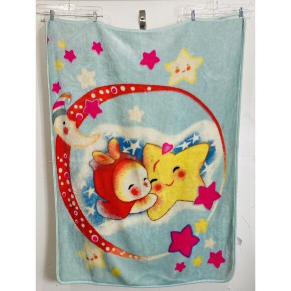 Vtg Baby Blanket Plush Good Night Blue Star Moon Angora Acrylic Ann's Trading Co - Picture 1 of 6